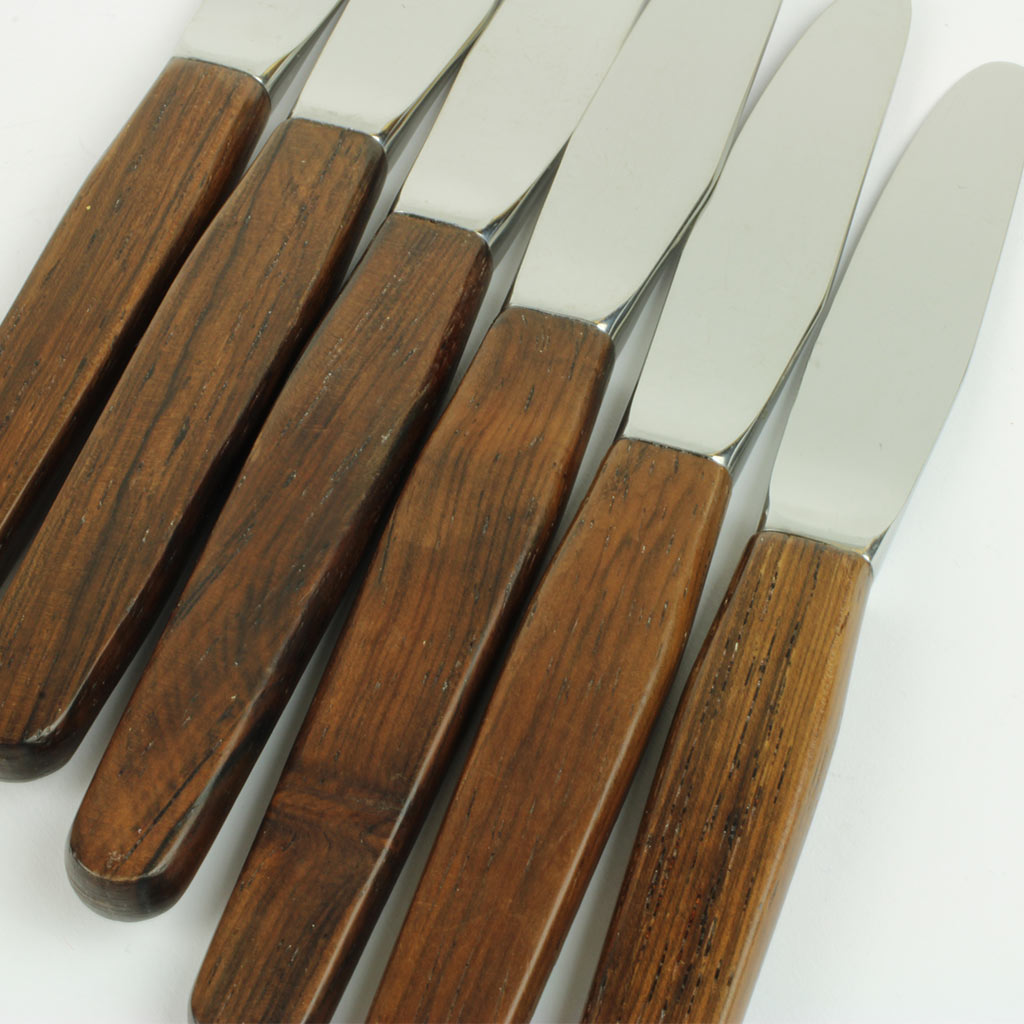 frugtknive af rustfrit stål med skaft af teaktræ stemplet Dansk Kniv Fabrik