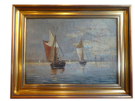 Charmerende lille maleri af to skibe, på spejlblank sø. Kunster ukendt.