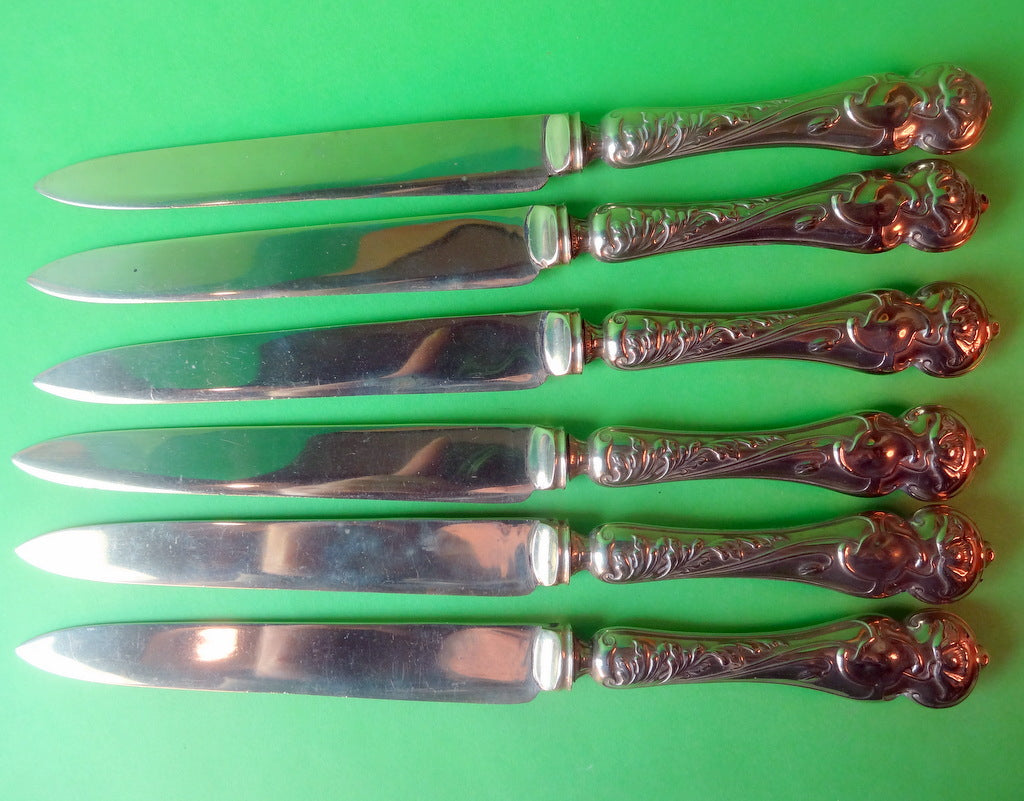 Seks engelske frugtknive af forsølvet metal EPNS