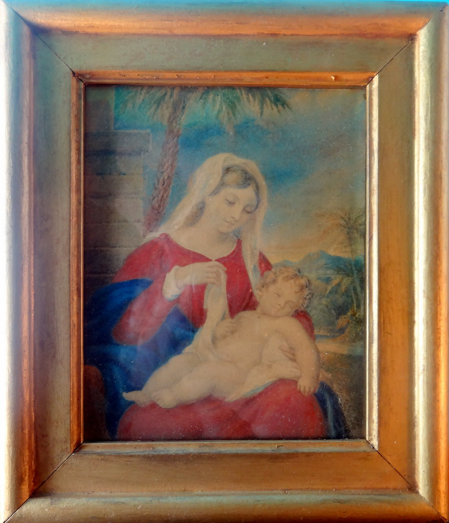 Lille akvarel forestillende Jomfru Maria med Jesus barnet