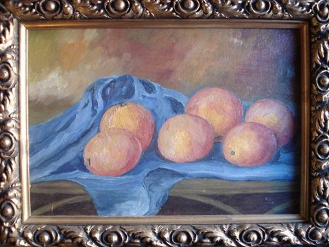 Opsat med appelsiner - Antikbutik hos Auktion-Antik.dk. Malet på træ, ca. 20x35 cm