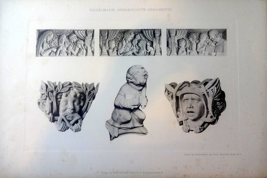 Yderst sjældent originaltrykt, planche 59 af Riegelmanns Ausgeführte ornamente. Plancherne blev udgivet i år 1900, og regnes som en af de væsentligste arkitekt toniskekilder