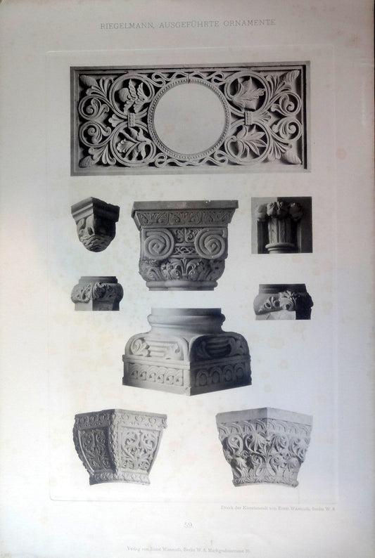 Yderst sjældent originaltrykt, planche 59 af Riegelmanns Ausgeführte ornamente. Plancherne blev udgivet i år 1900, og regnes som en af de væsentligste arkitekt toniskekilder