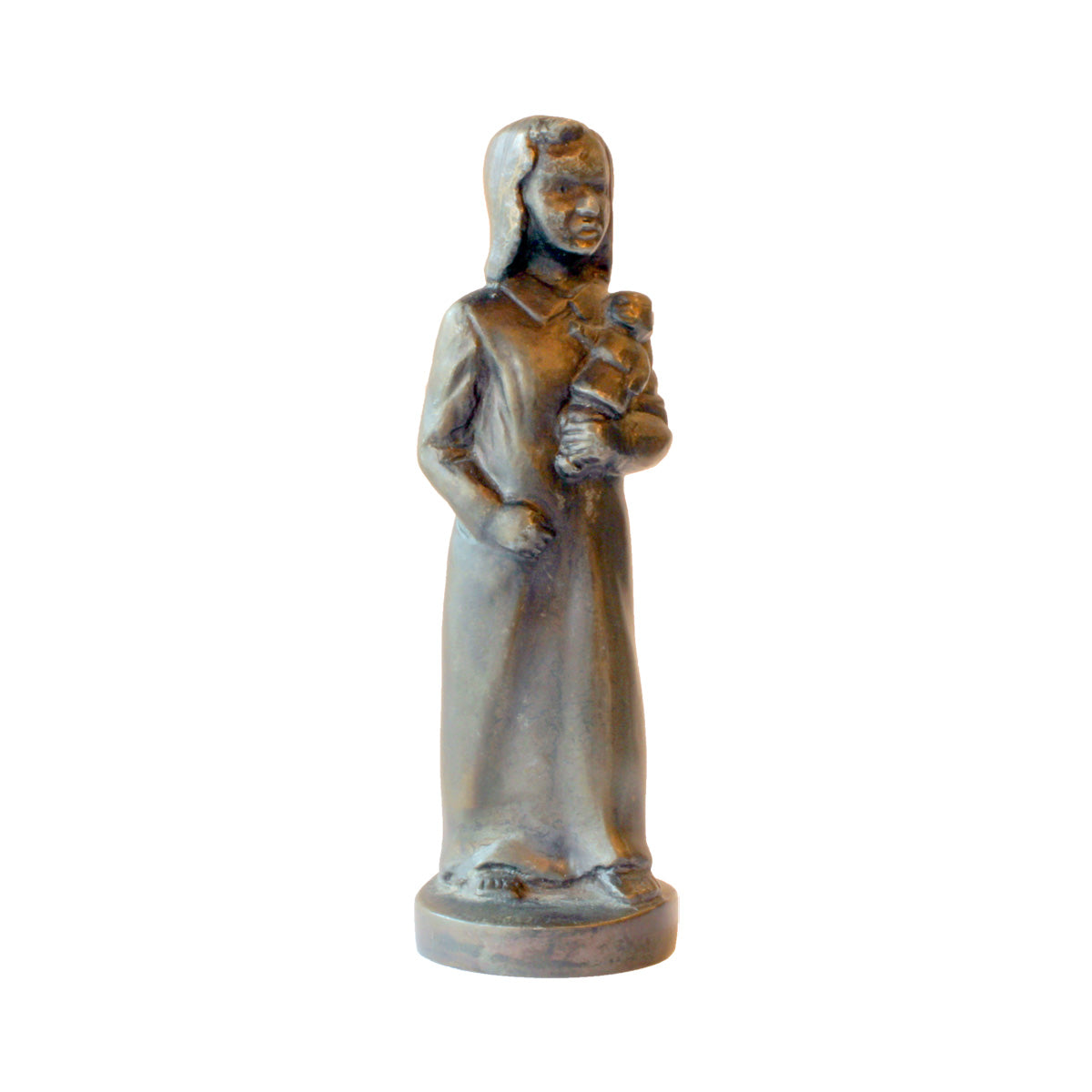 Figur af bronzeret metal forestillende pige der holder sin dukke