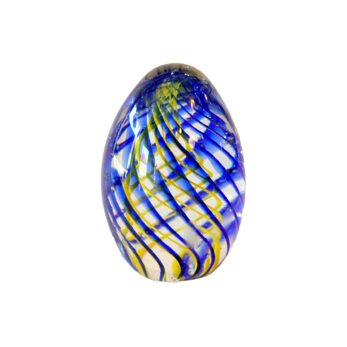 Æggeformet brevvægt af formet glas indeholdende gul og blå