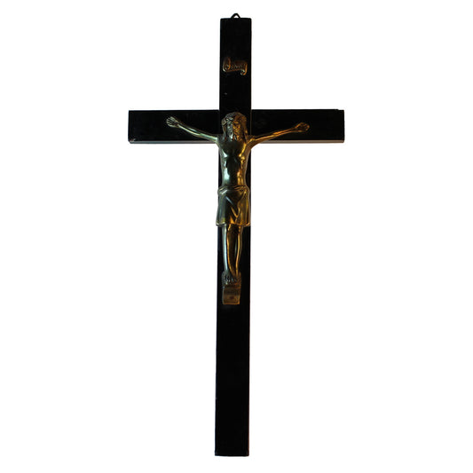 Krucifiks af sort lakeret træ, med jesus figur af bronze