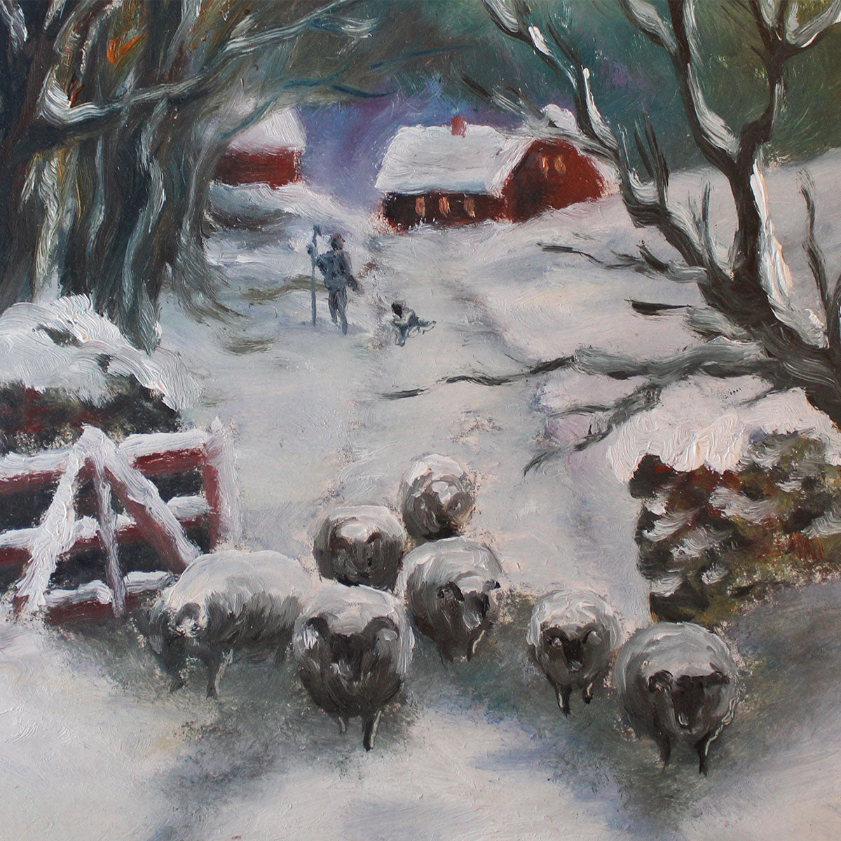 Maleriet forestiller vinterlandskab mod aften