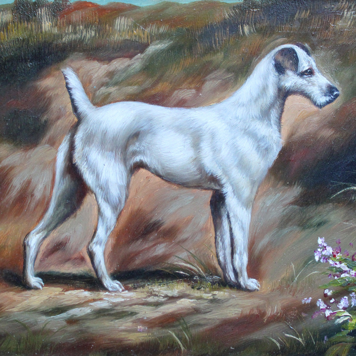 Maleri med hund i gammel stil i flot natur