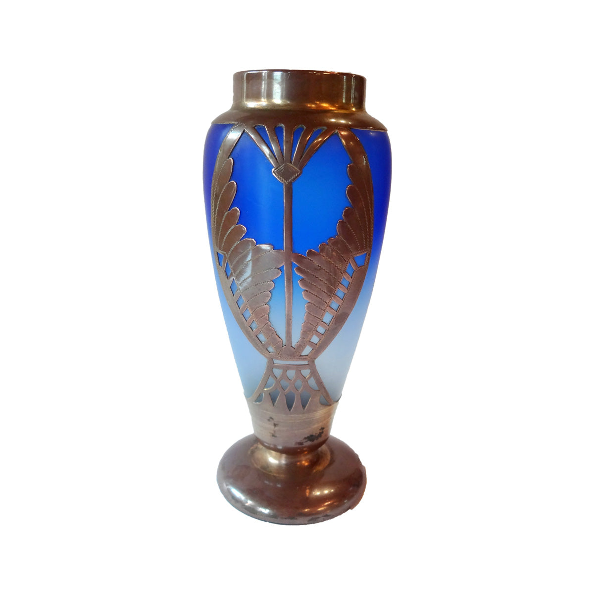 Vase af mundblæst glas i blå nuancer tilskrevet Rindskopf